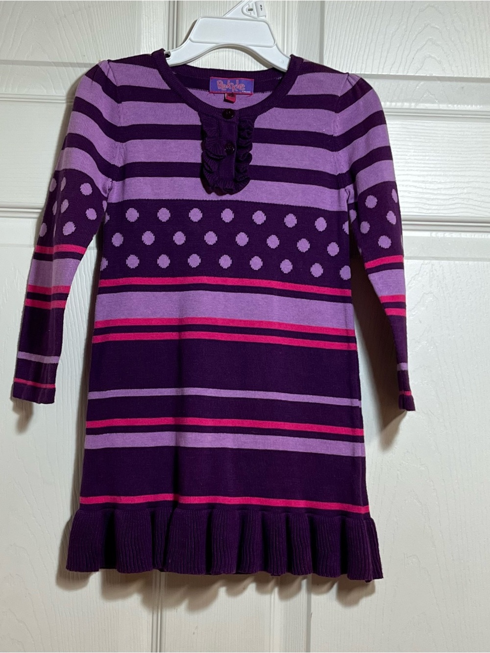 Pekkle Purple Striped & Polka Dot Knit Dress with Pink Accents